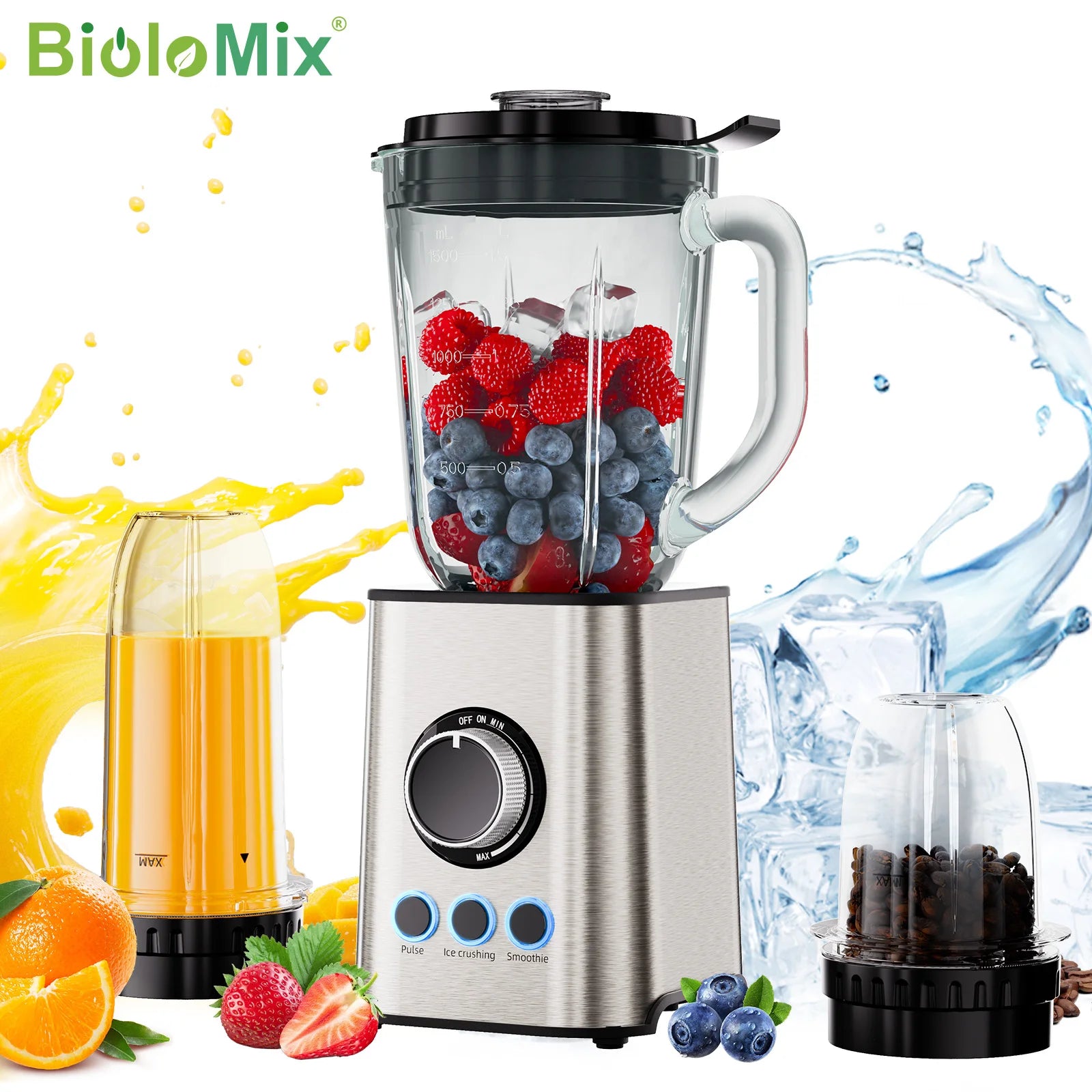 Biolomix 1300W Blender 1.5L 2 in 1 Glass Jar & Travel Cup