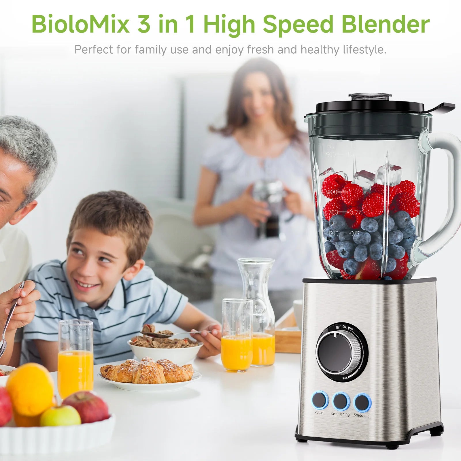 Biolomix 1300W Blender 1.5L 2 in 1 Glass Jar & Travel Cup