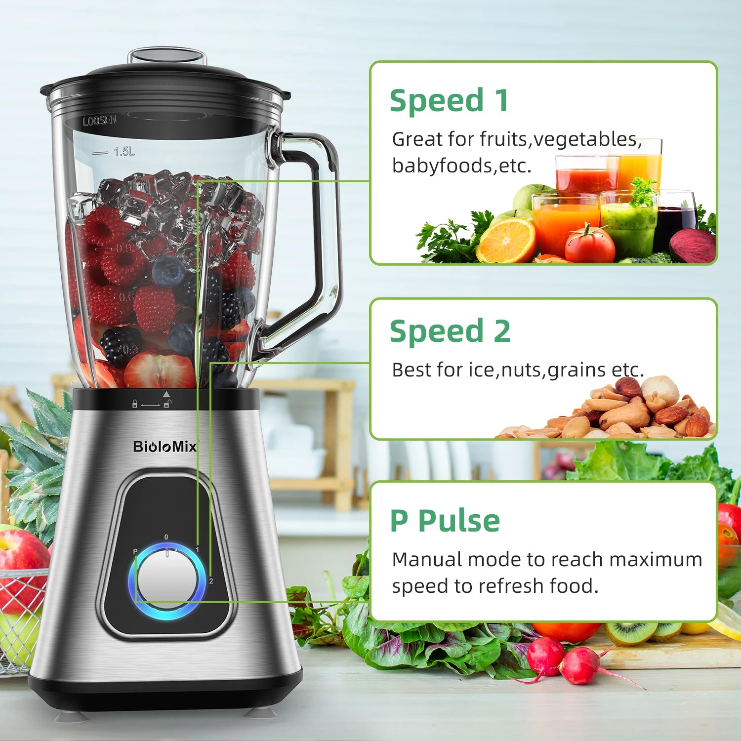 Biolomix 1300W Blender 1.5L 2-in-1 Glass Jar & Travel Cup