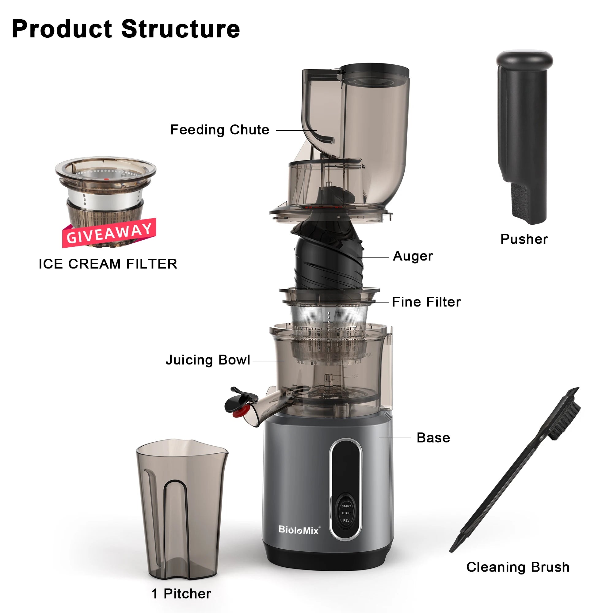 BioloMix Cold Press Juicer Large Feed Chute