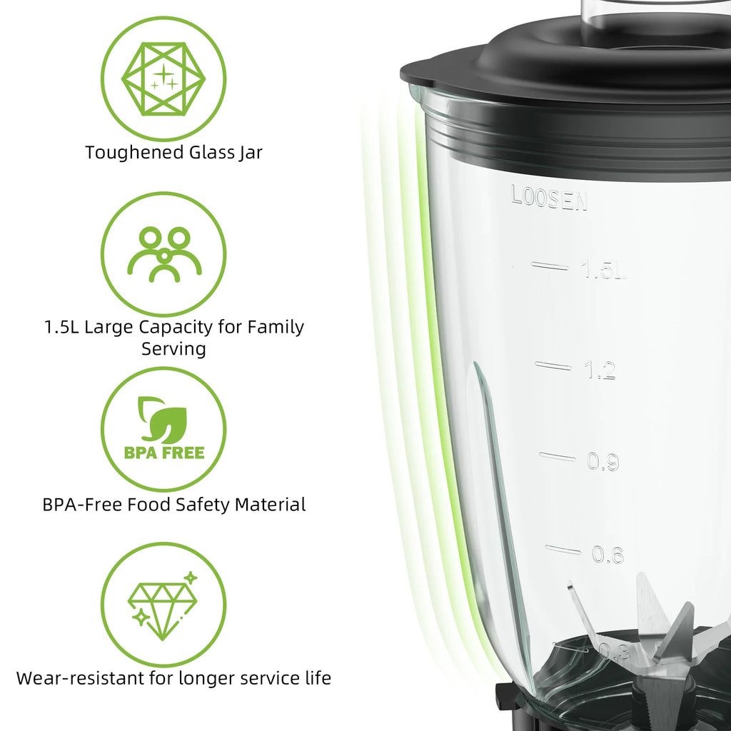 Biolomix 1300W Blender 1.5L 2-in-1 Glass Jar & Travel Cup