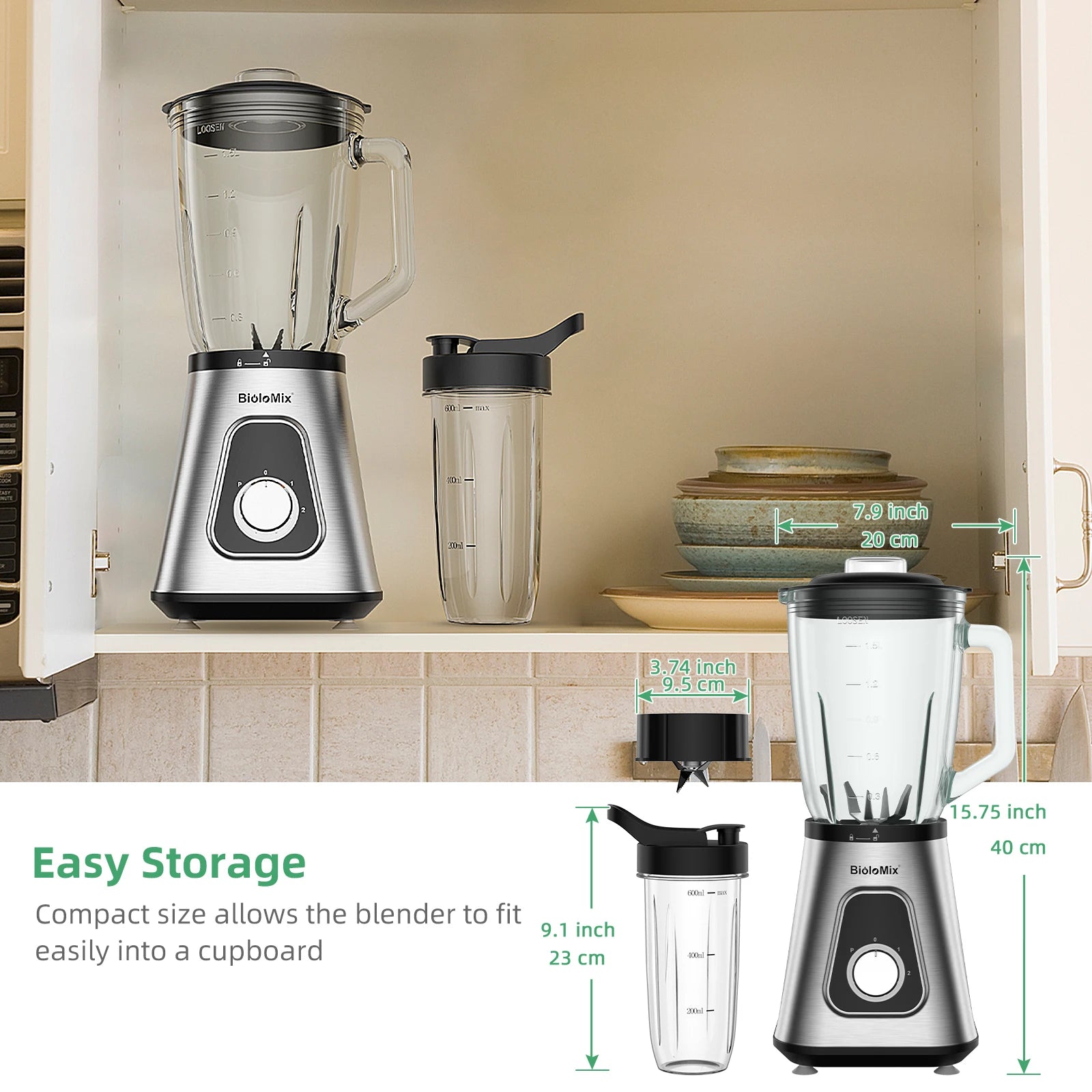 Biolomix 1300W Blender 1.5L 2-in-1 Glass Jar & Travel Cup