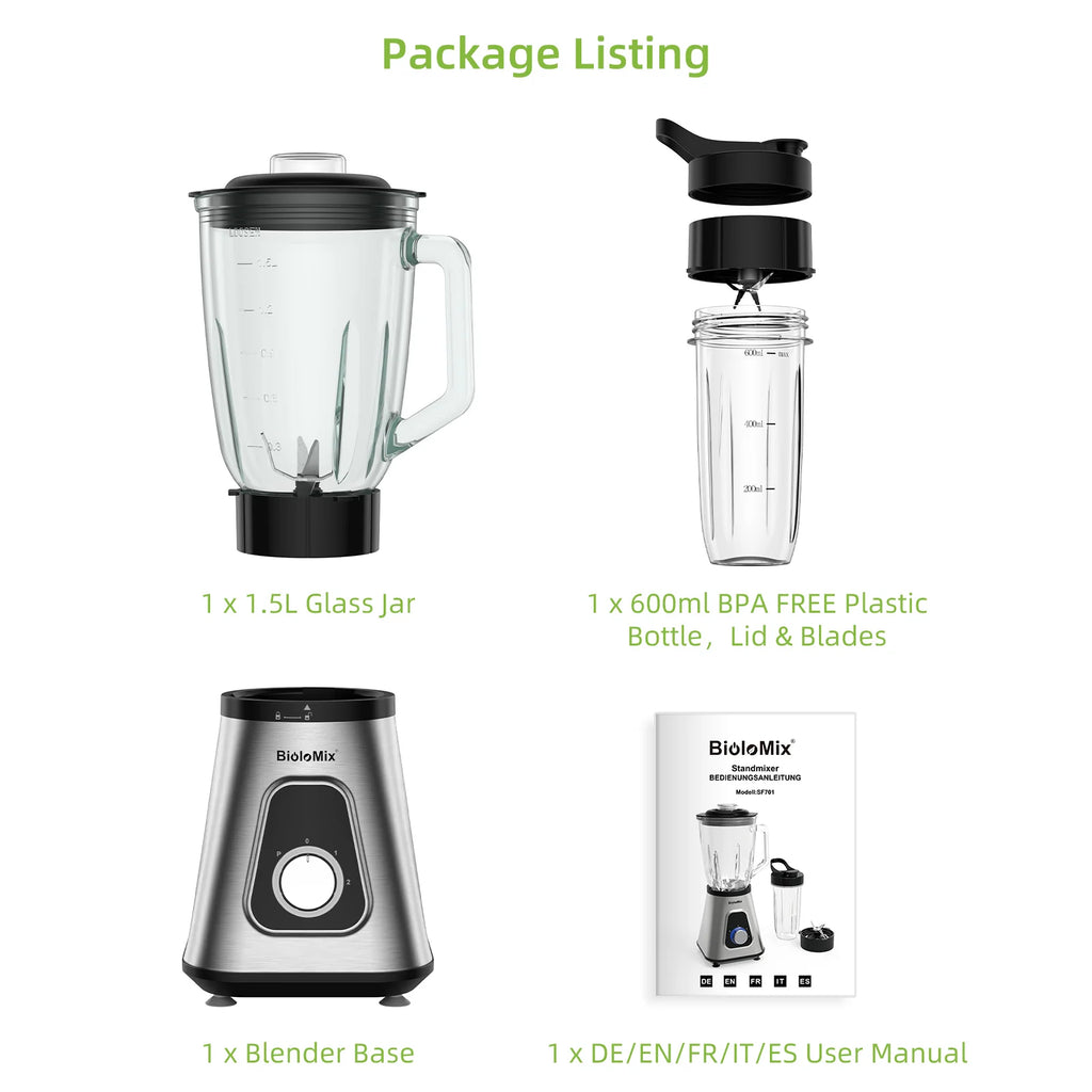 Biolomix 1300W Blender 1.5L 2-in-1 Glass Jar & Travel Cup