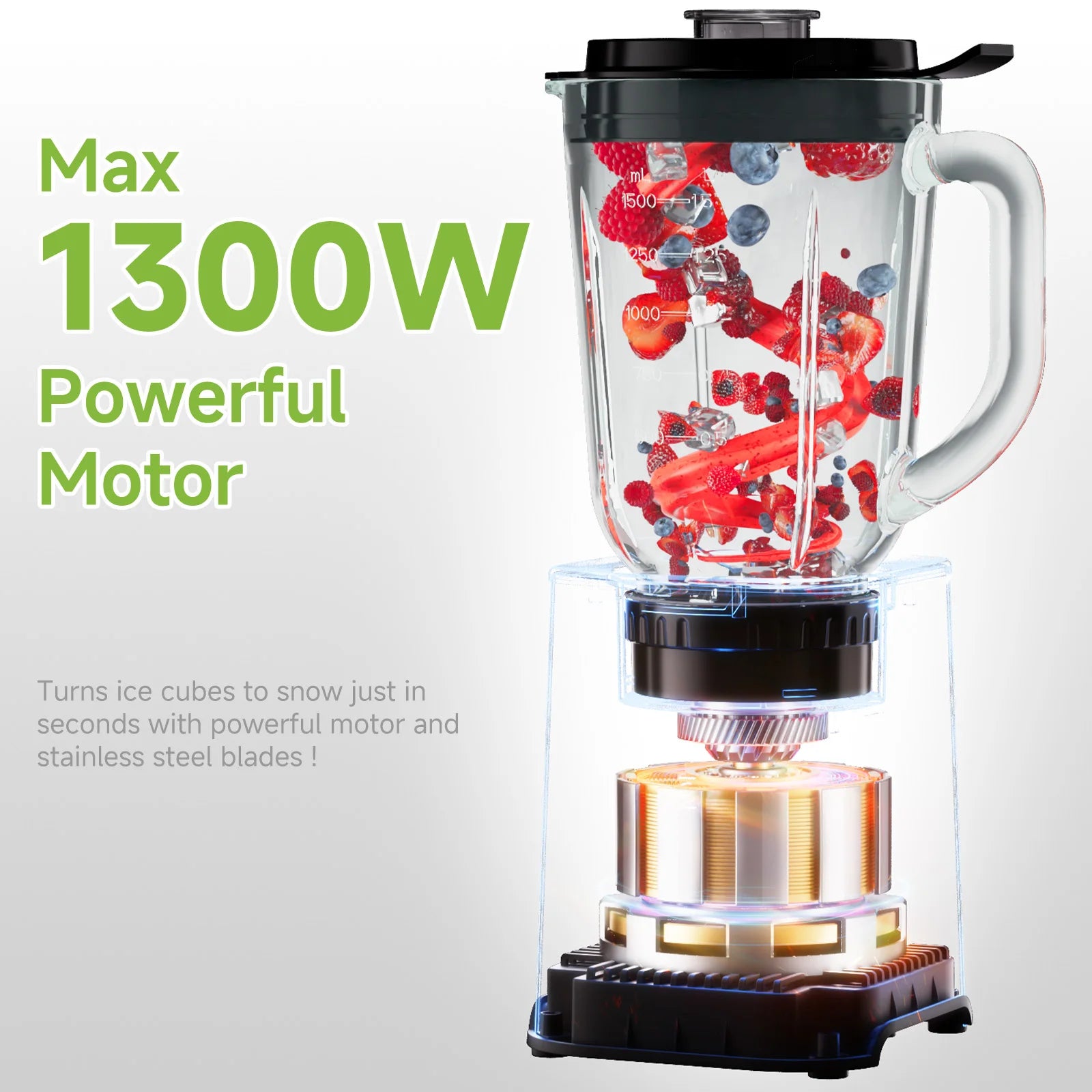 Biolomix 1300W Blender 1.5L 2 in 1 Glass Jar & Travel Cup
