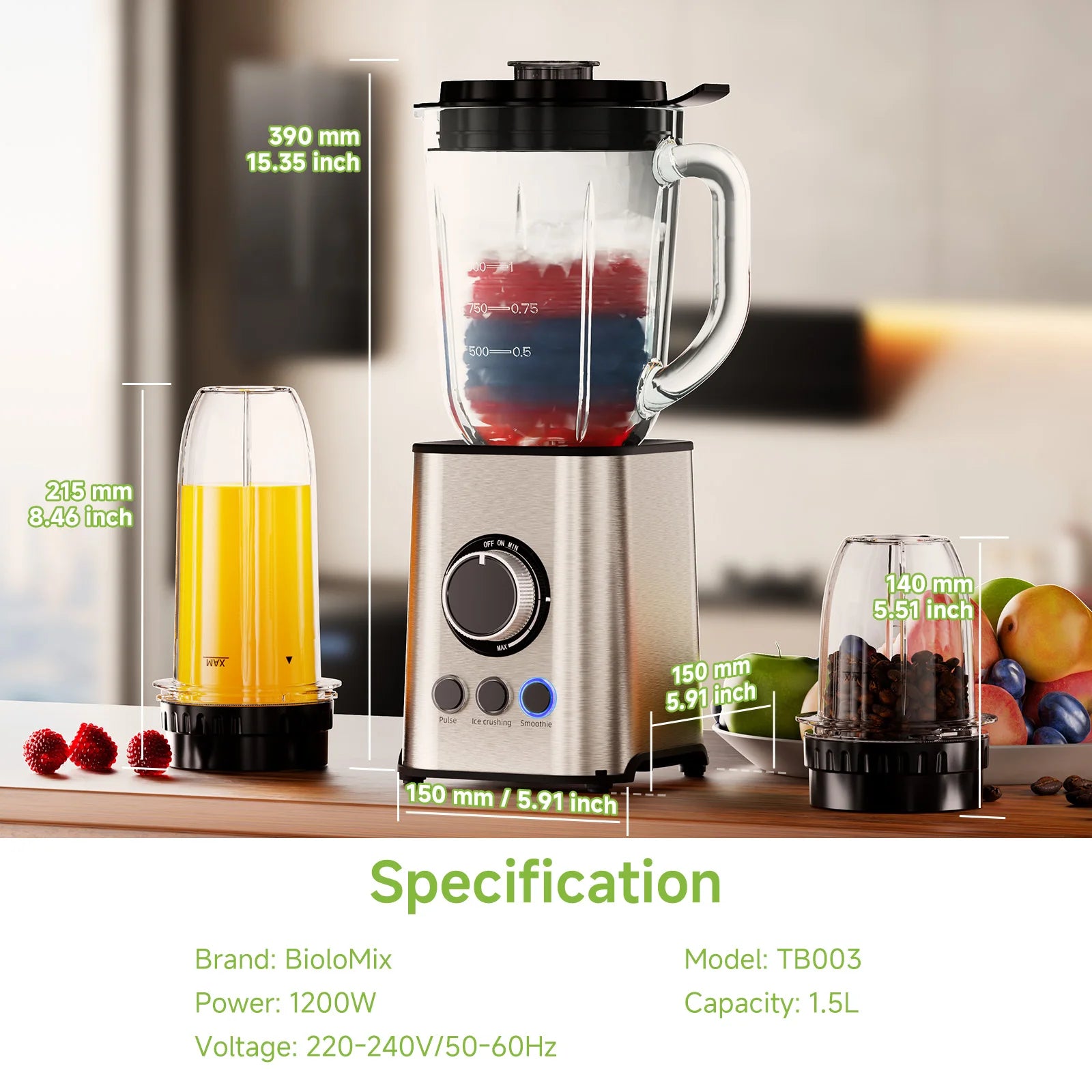 Biolomix 1300W Blender 1.5L 2 in 1 Glass Jar & Travel Cup