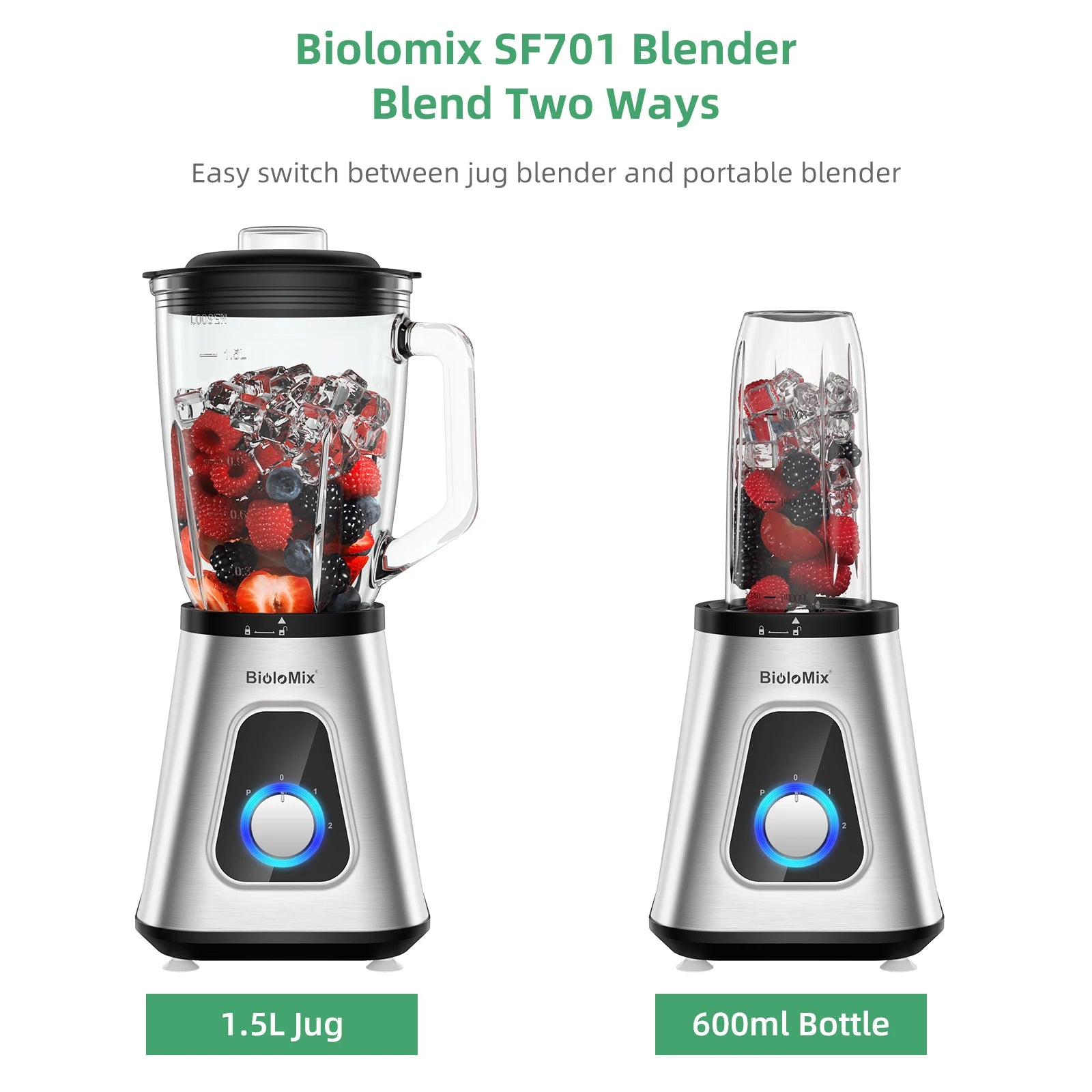 Biolomix 1300W Blender 1.5L 2-in-1 Glass Jar & Travel Cup