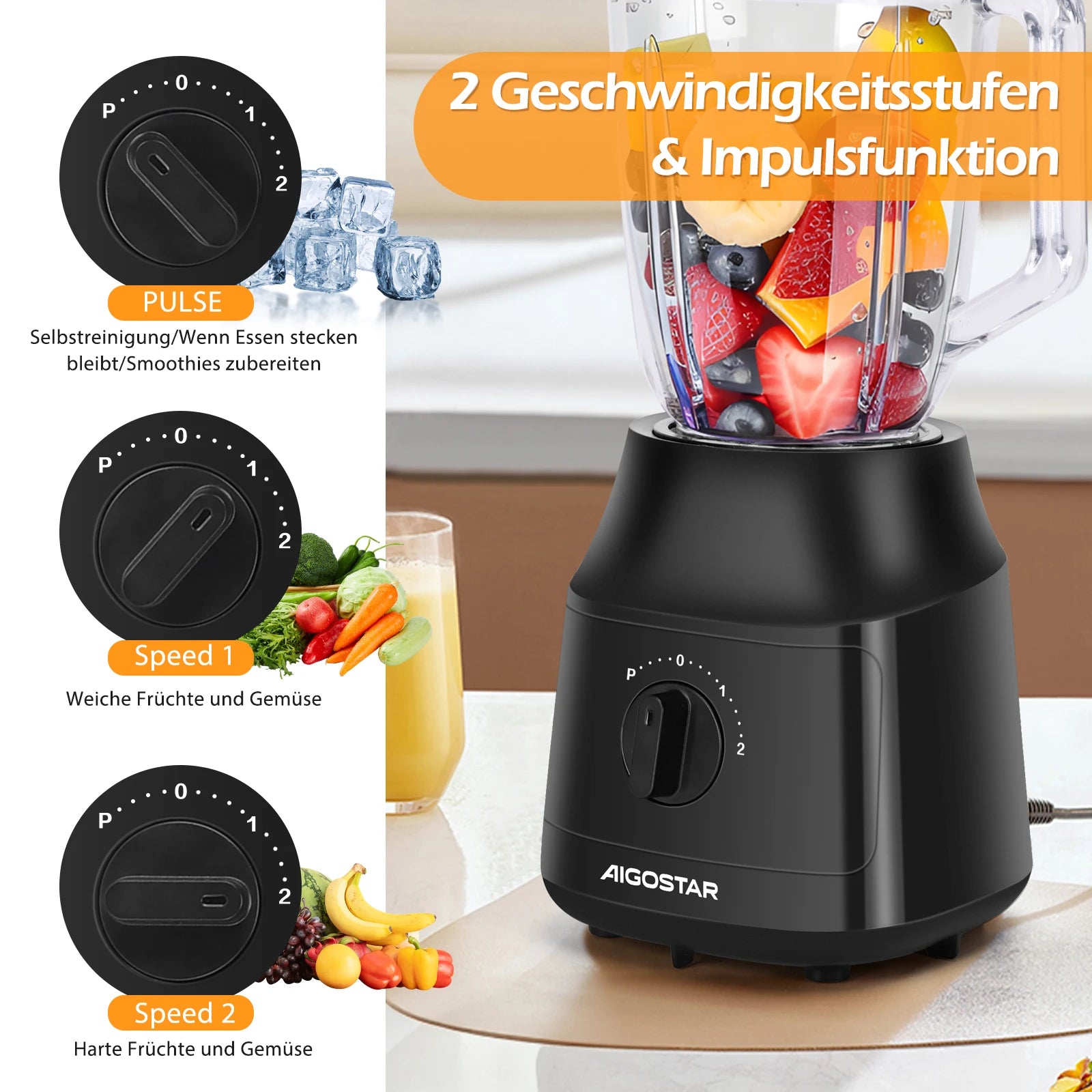 AIGOSTAR 600W Blender 1.5L – Glass Jar