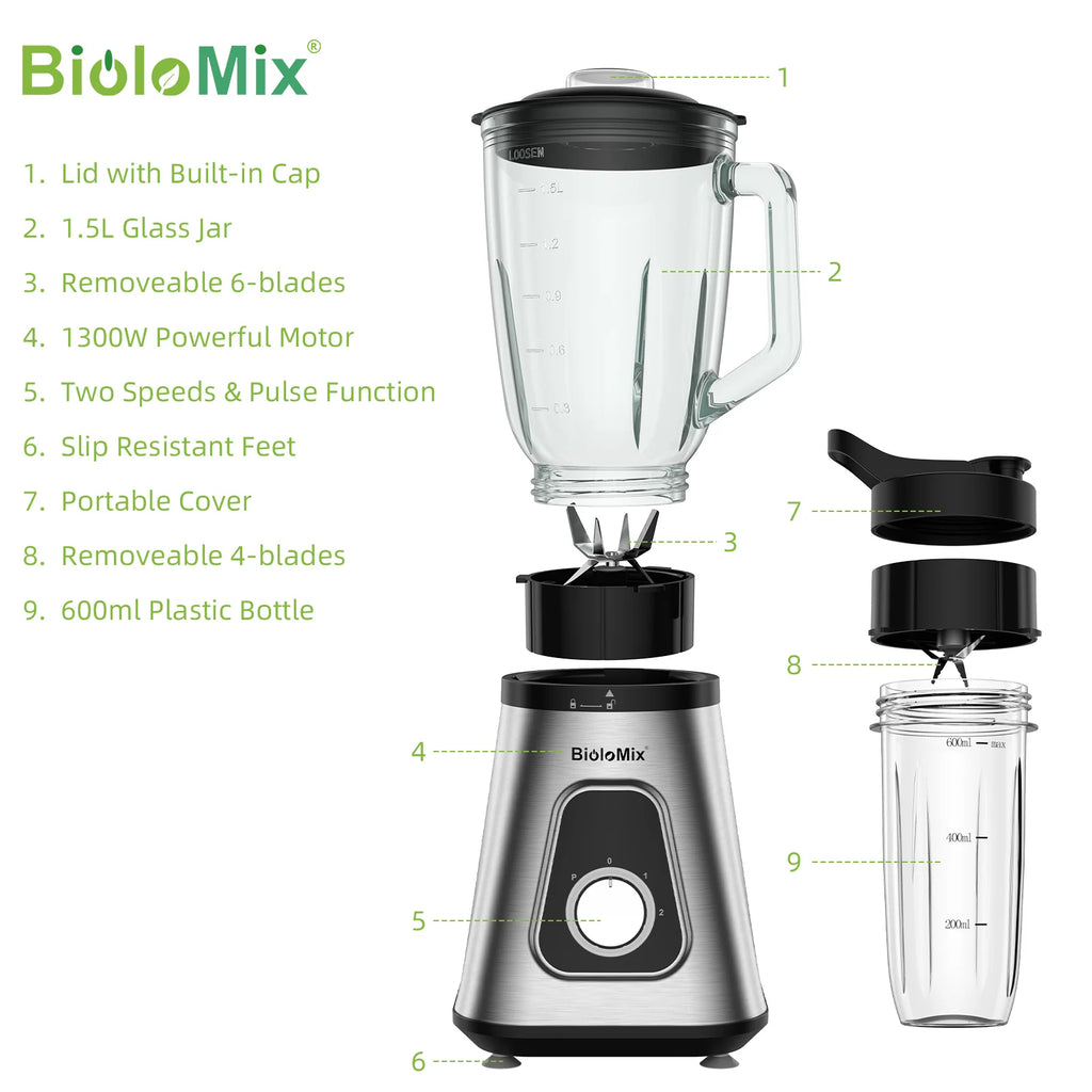 Biolomix 1300W Blender 1.5L 2-in-1 Glass Jar & Travel Cup